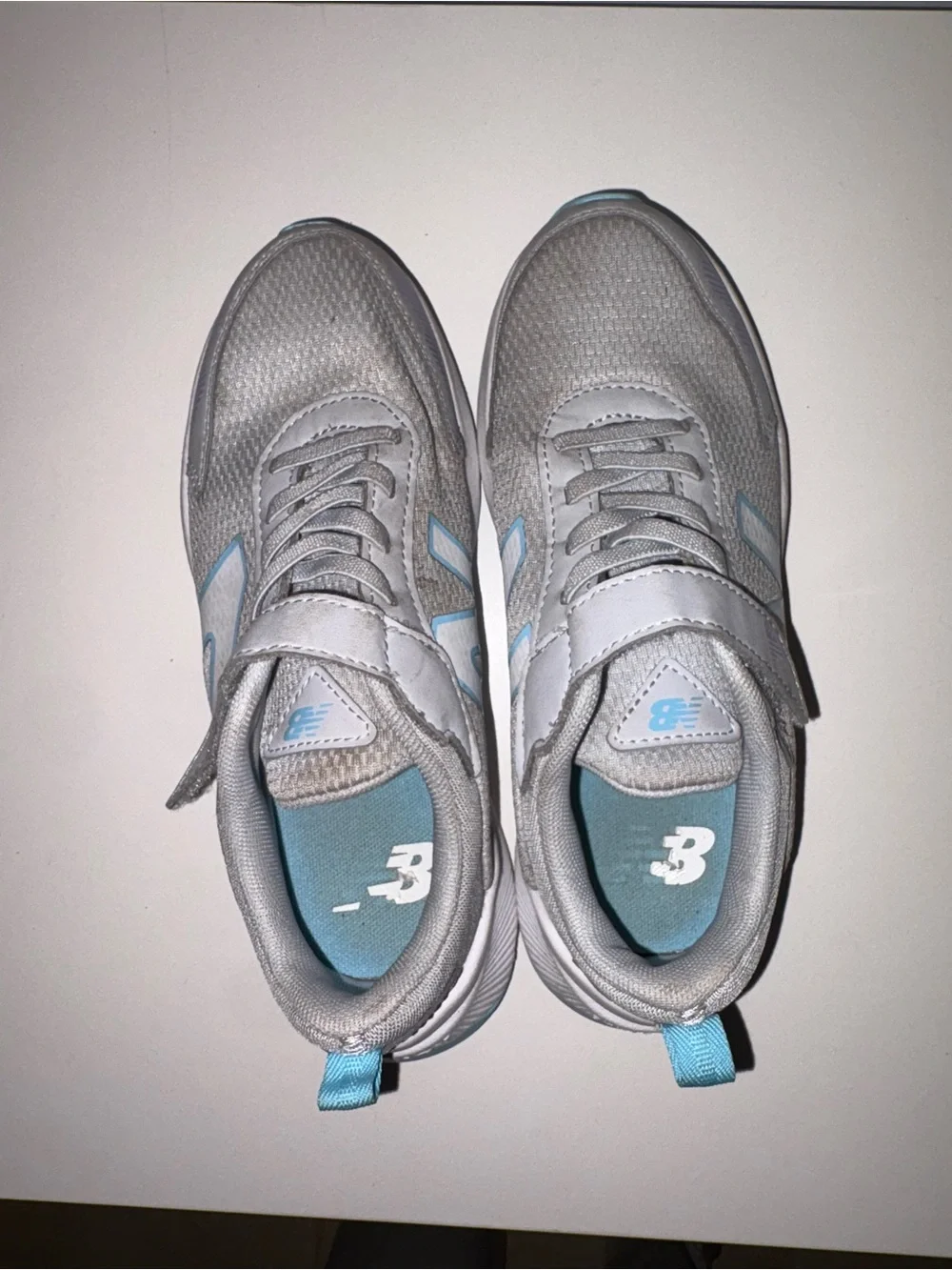 New Balance Kids Gray Sneakers with Purple and Blue Accents